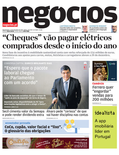 Primeira página do Negócios de 22 de dezembro de 2025