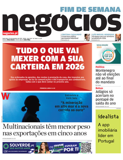 Primeira página do Negócios de 26 de dezembro de 2025