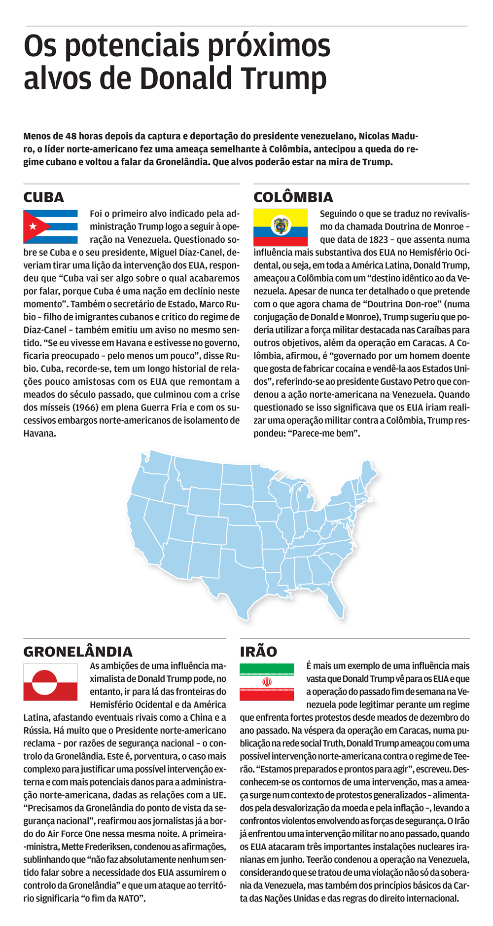 Trump ameaça Cuba, Colômbia, Gronelândia e Irão após ação na Venezuela.

