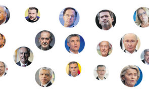 Retratos de figuras políticas como Donald Trump, Zelensky, Marcelo Rebelo de Sousa e António Guterres