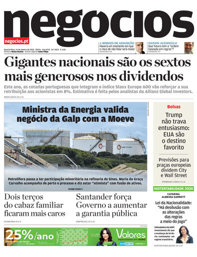 Primeira página do Negócios de 14 de janeiro de 2026