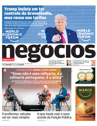 Primeira página do Negócios de 22 de janeiro de 2026