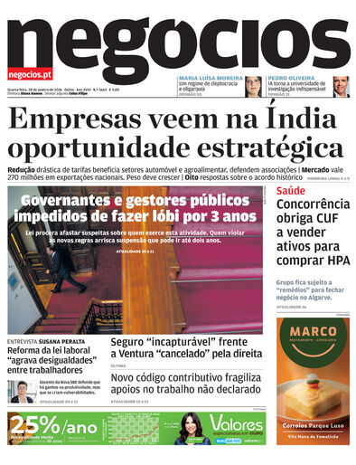 Primeira página do Negócios de 28 de janeiro de 2026