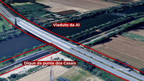 Imagem aérea do viaduto da A1 e da dique da ponte dos Casais