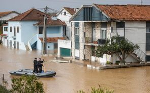 Elementos da proteção civil com um bote na zona que ficou submersa pela subida da água do Rio Liz