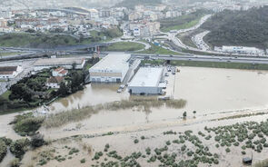 Imagem captada por drone das inundações    na cidade de Leiria depois de o concelho ter sido gravemente afetado pela depressão Kristin.