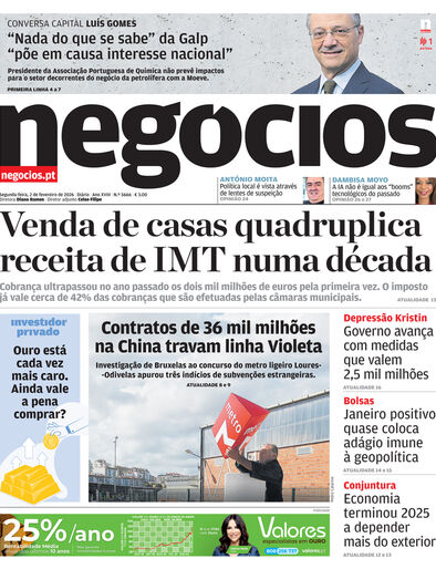 Primeira página do Negócios de 2 de fevereiro de 2026