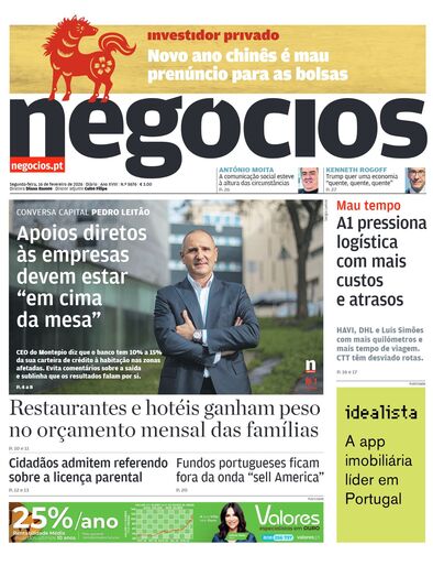 Primeira página do Negócios de 16 de fevereiro de 2026