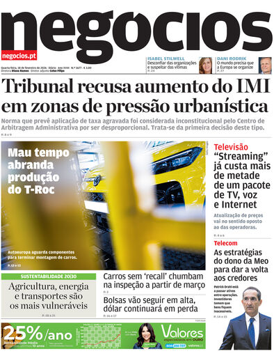 Primeira página do Negócios de 18 de fevereiro de 2026