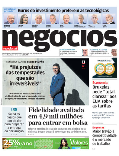 Primeira página do Negócios de 23 de fevereiro de 2026
