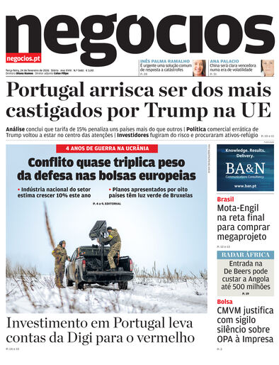 Primeira página do Negócios de 24 de fevereiro de 2026