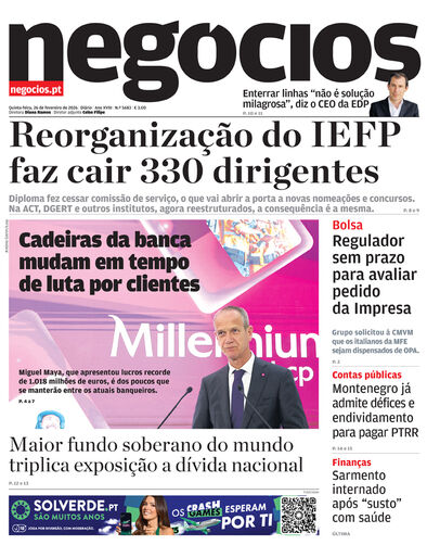 Primeira página do Negócios de 26 de fevereiro de 2026