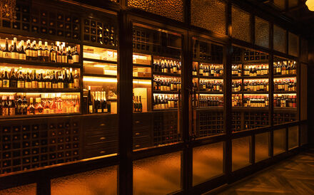 Adega com garrafas de vinho dispostas em prateleiras iluminadas