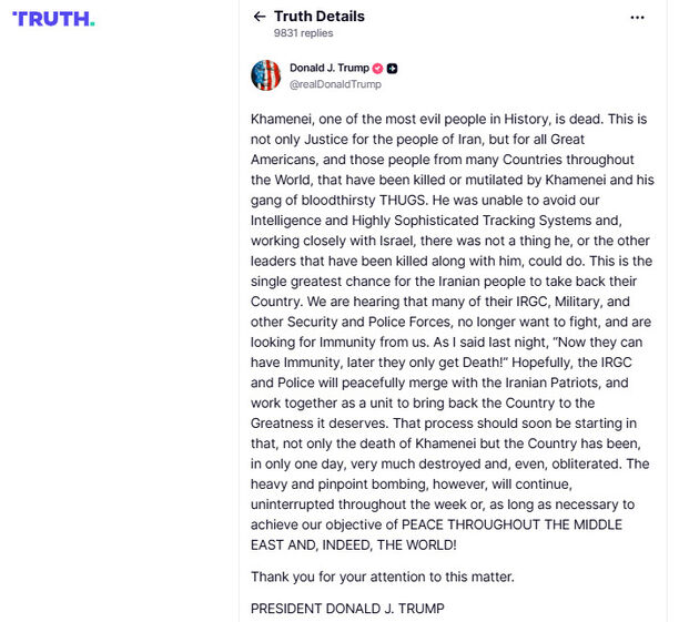 Trump anuncia a morte de Khamenei, líder do Irão