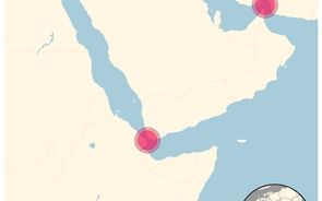 Mapa do Médio Oriente com destaque para áreas de potencial impacto no comércio global devido a tensões EUA-Irão