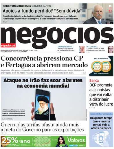 Primeira página do Negócios de 2 de março de 2026