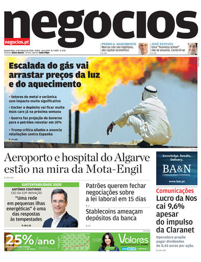 Primeira página do Negócios de 4 de março de 2026