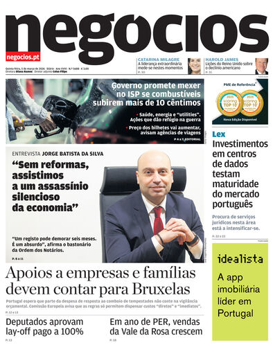 Primeira página do Negócios de 5 de março de 2026