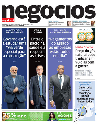 Primeira página do Negócios de 9 de março de 2026