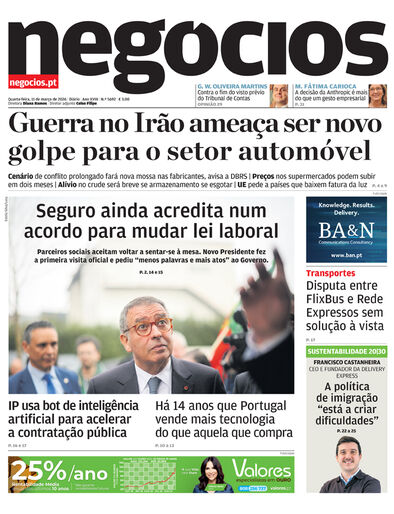 Primeira página do Negócios de 11 de março de 2026