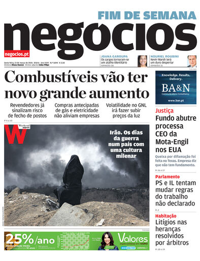 Primeira página do Negócios de 13 de março de 2026