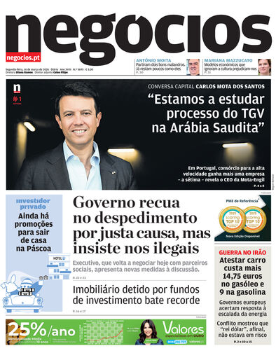 Primeira página do Negócios de 16 de março de 2026