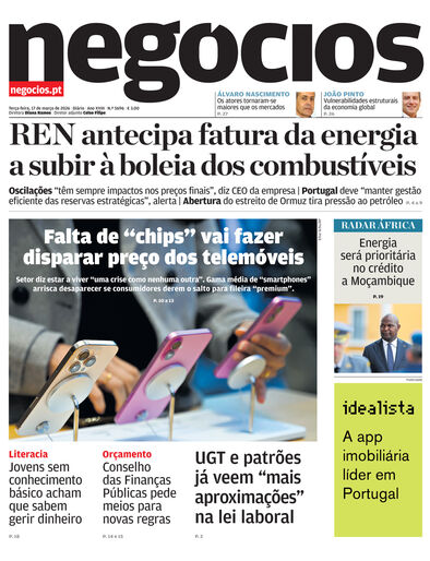 Primeira página do Negócios de 17 de março de 2026