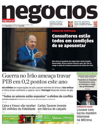 Primeira página do Negócios de 18 de março de 2026