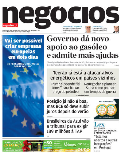 Primeira página do Negócios de 19 de março de 2026
