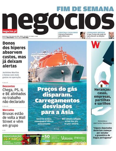 Primeira página do Negócios de 20 de março de 2026