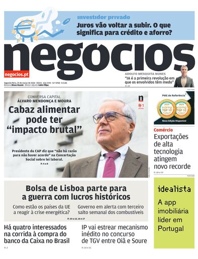 Primeira página do Negócios de 23 de março de 2026