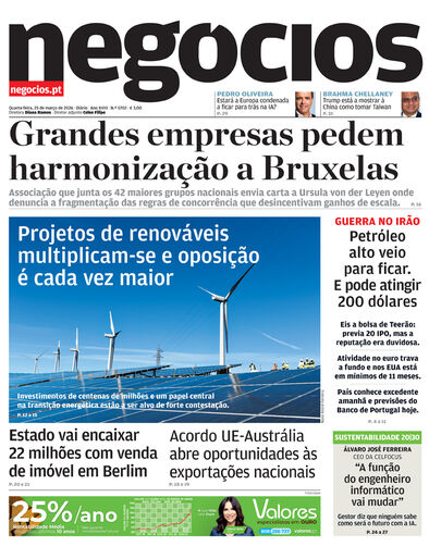 Primeira página do Negócios de 25 de março de 2026