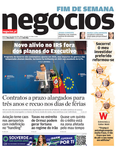 Primeira página do Negócios de 27 de março de 2026