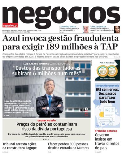 Primeira página do Negócios de 30 de março de 2026