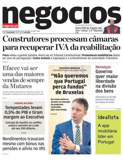 Primeira página do Negócios de 31 de março de 2026