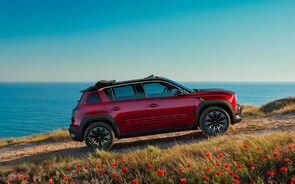 Automóvel vermelho numa colina com vista para o oceano e um campo de papoilas