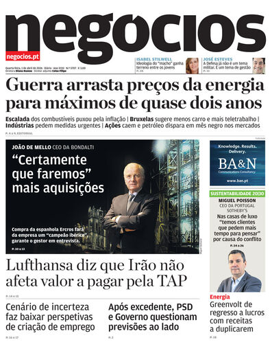 Primeira página do Negócios de 1 de abril de 2026