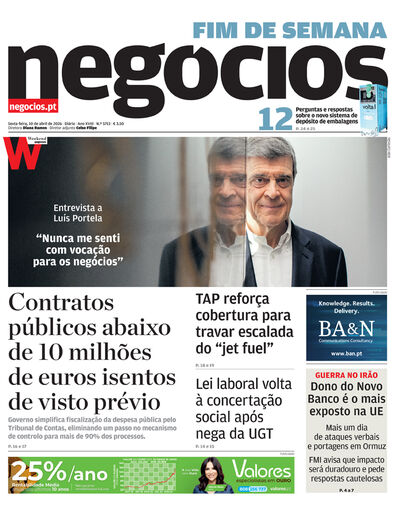 Primeira página do Negócios de 10 de abril de 2026
