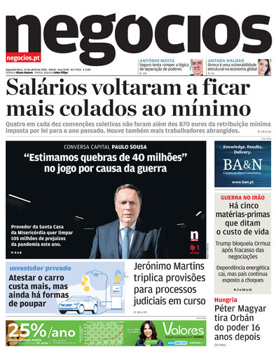 Primeira página do Negócios de 13 de abril de 2026