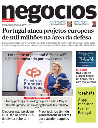 Primeira página do Negócios de 16 de abril de 2026