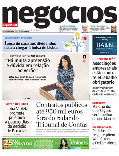 Primeira página do Negócios de 20 de abril de 2026