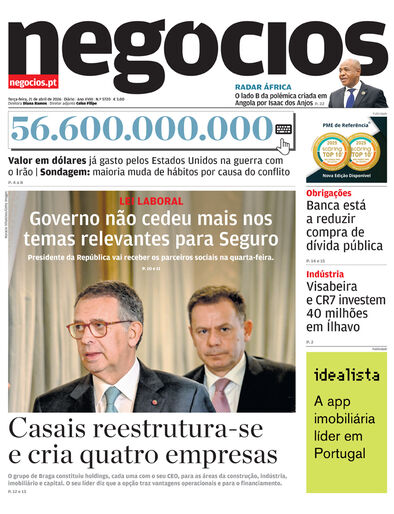 Primeira página do Negócios de 21 de abril de 2026
