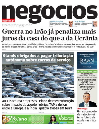 Primeira página do Negócios de 22 de abril de 2026
