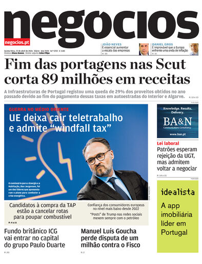 Primeira página do Negócios de 23 de abril de 2026