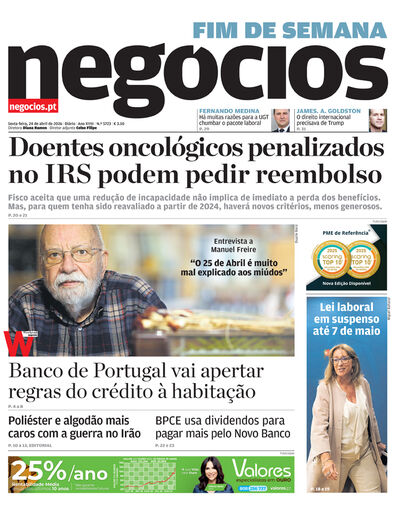 Primeira página do Negócios de 24 de abril de 2026