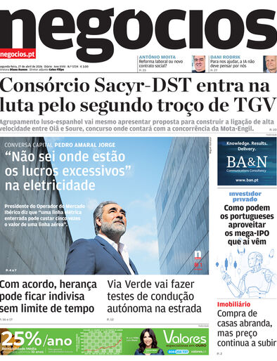 Primeira página do Negócios de 27 de abril de 2026