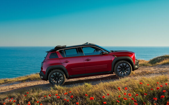 Automóvel vermelho numa colina com vista para o oceano e um campo de papoilas