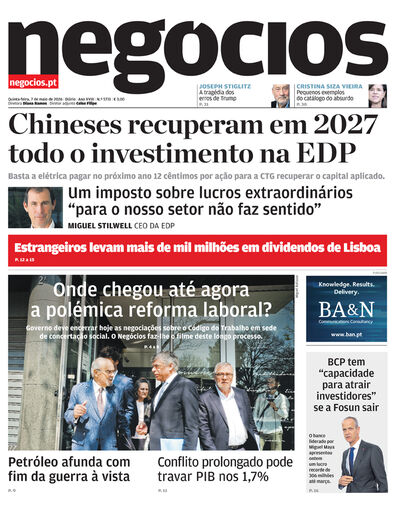 Primeira página do Negócios de 7 de maio de 2026
