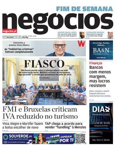 Primeira página do Negócios de 8 de maio de 2026