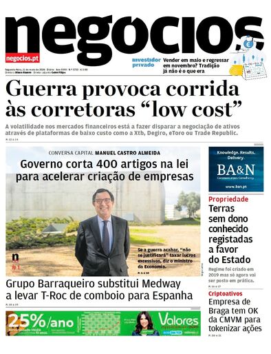 Primeira página do Negócios de 11 de maio de 2026